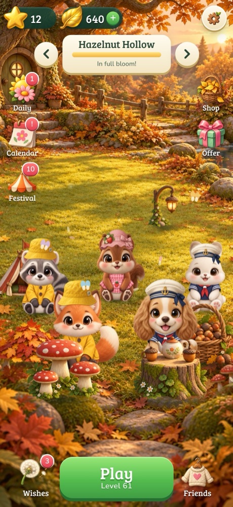 Hazelnut Hollow in full bloom: Maple the fox and four friends in autumn outfits among mushrooms and falling leaves