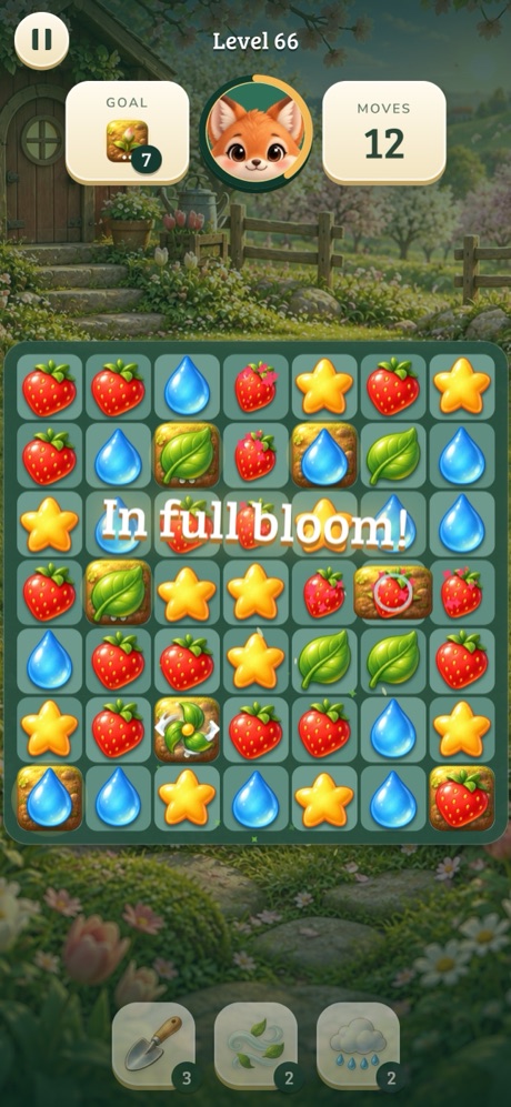 A Wildflower puzzle mid-match, with strawberries, stars, dewdrops and leaves, and Maple cheering at the top