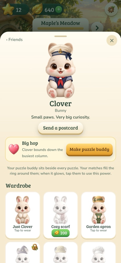 Clover the bunny in a sailor outfit, with her wardrobe of outfits to try on